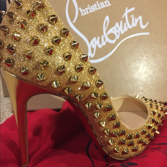Christian Louboutin Follies Spikes Gold 100Glitter - Picture 2 of 5